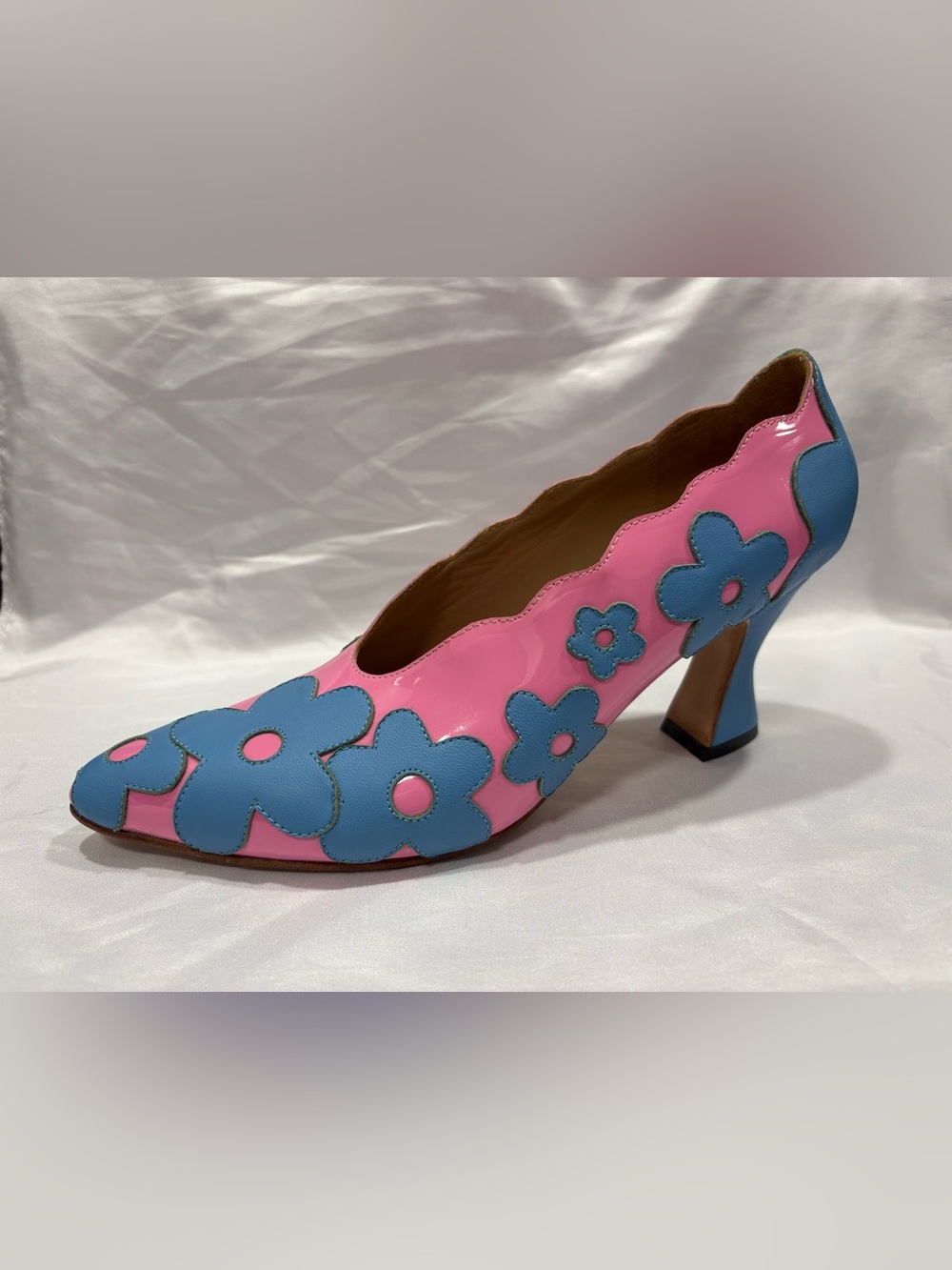 John Fluevog Pink Pump with Blue Flowers